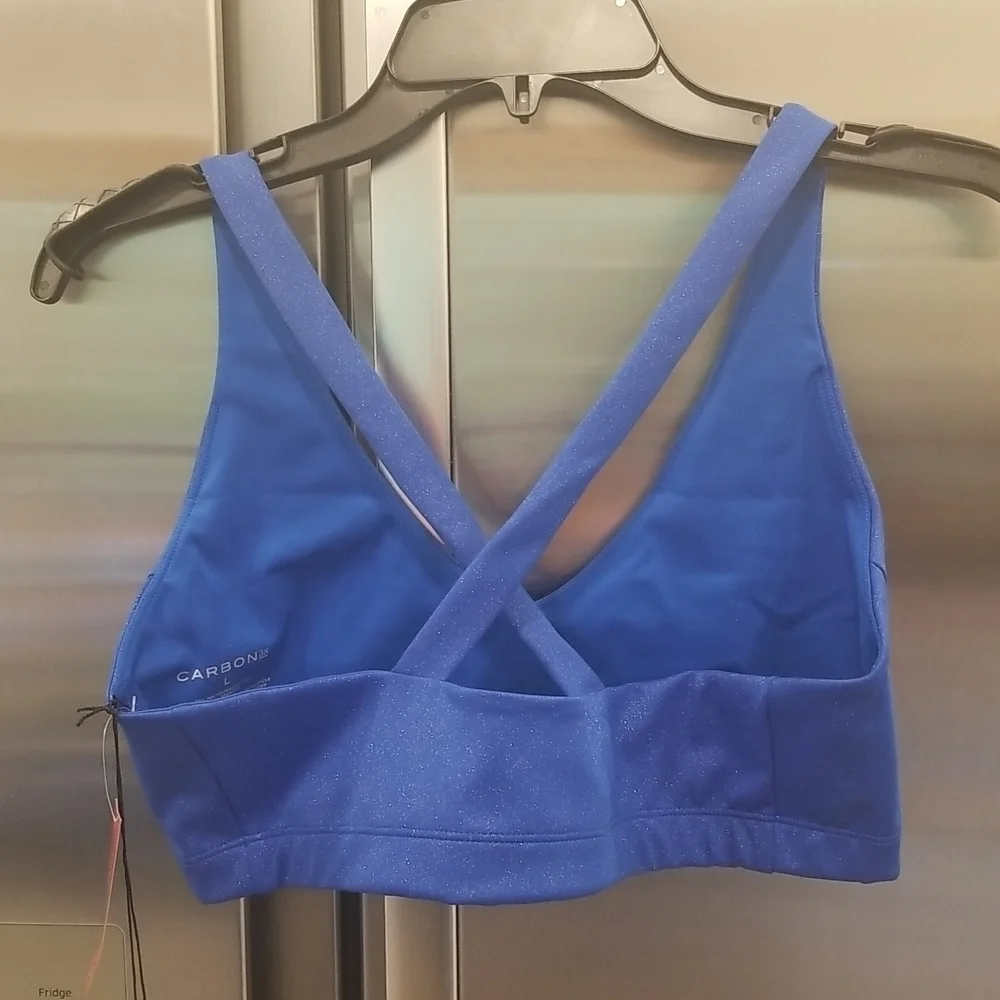 💕CARBON38💕 Shine Powder Set Cross Back Bra + 7/8 Legging Cobalt Blue Large NWT